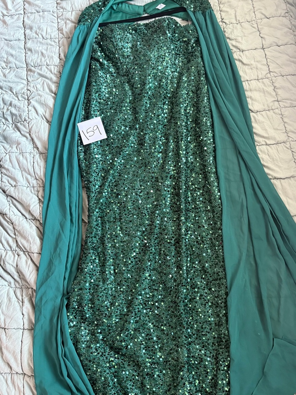 Green Sequin Strapless Evening Dress with Chiffon Shawl